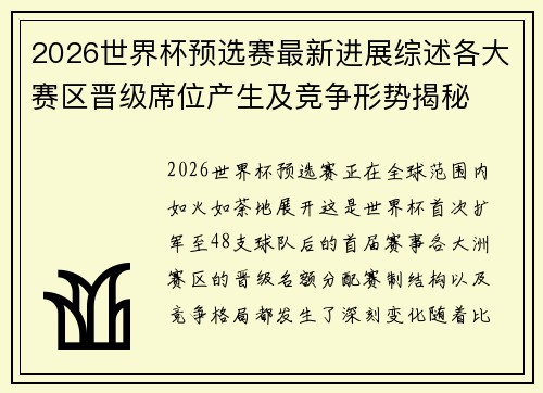 2026世界杯预选赛最新进展综述各大赛区晋级席位产生及竞争形势揭秘